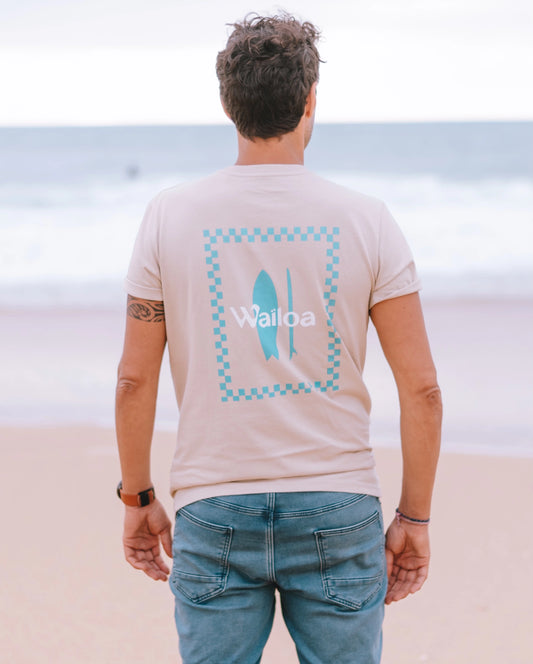 T-shirt unisex coton bio damier/surf Waïloa beige/bleu