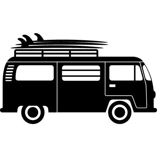 L'image montre une icône ou un dessin simplifié d'un van avec des surfs sur le toit. Il est orienté vers la droite.