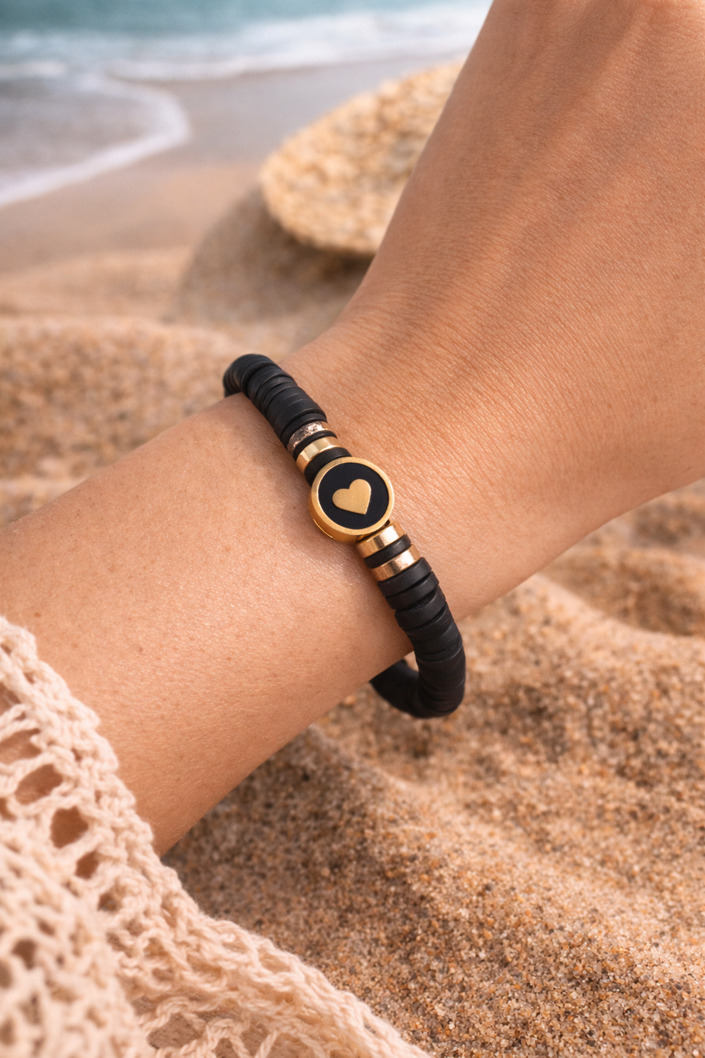 Bracelet coeur noir doré - Waïloa