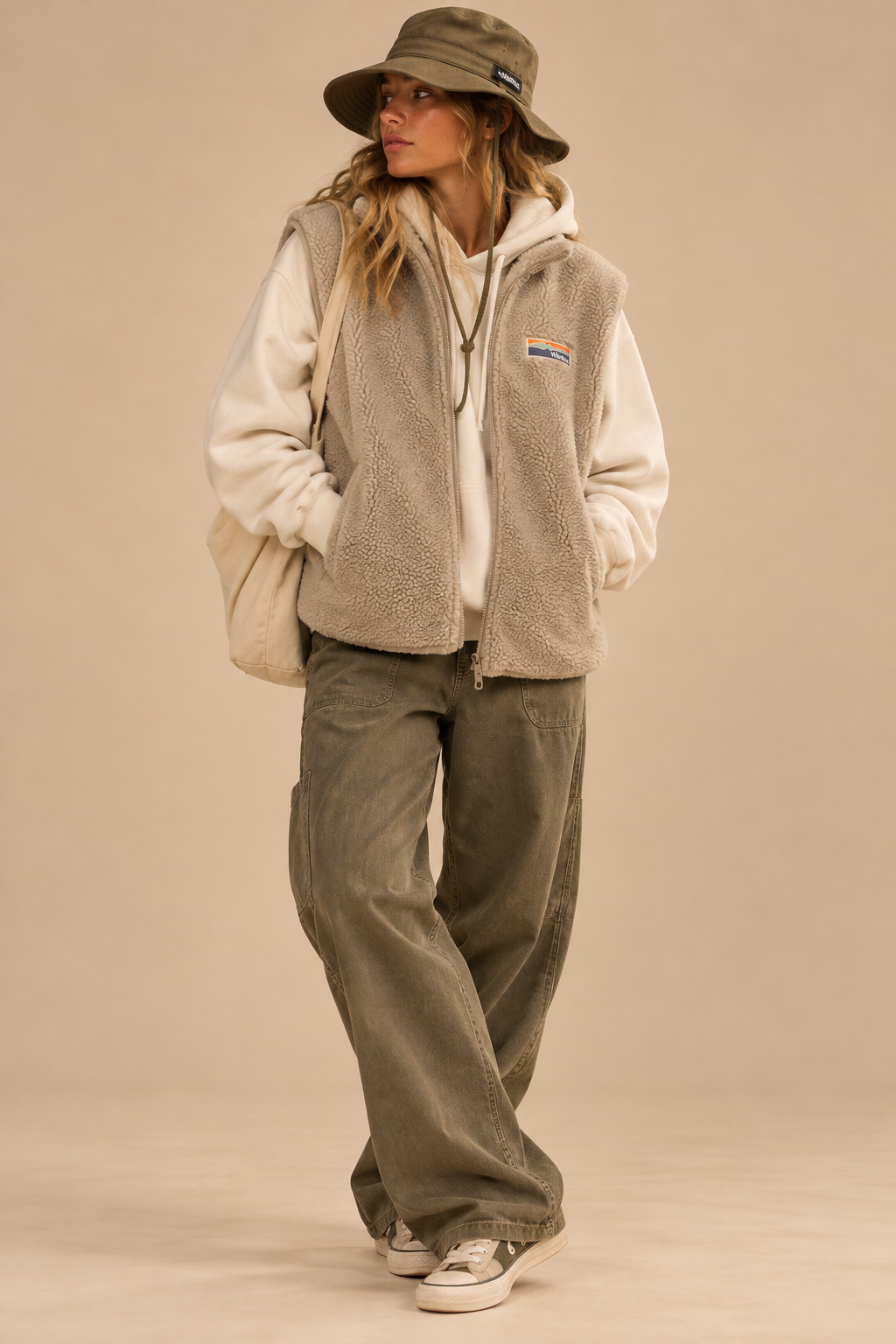 Veste zippée sherpa sans manches Barou beige
