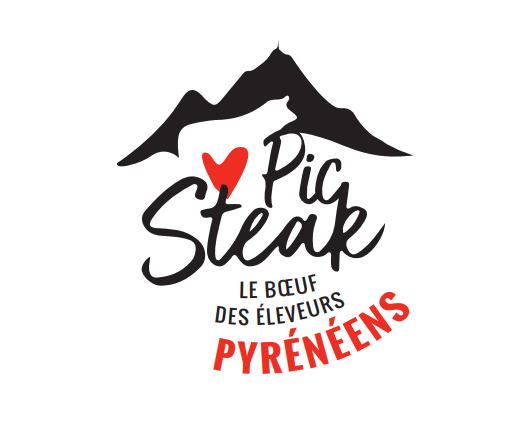 Logo de Pic Steak avec une silhouette de montagne, une vache stylisée et le texte 'Le bœuf des éleveurs pyrénéens