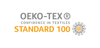 L'image montre un logo avec le texte "OEKO-TEX®" suivi de "STANDARD 100". Sous le texte, il y a un symbole qui ressemble à une fleur avec plusieurs cercles et points autour. 