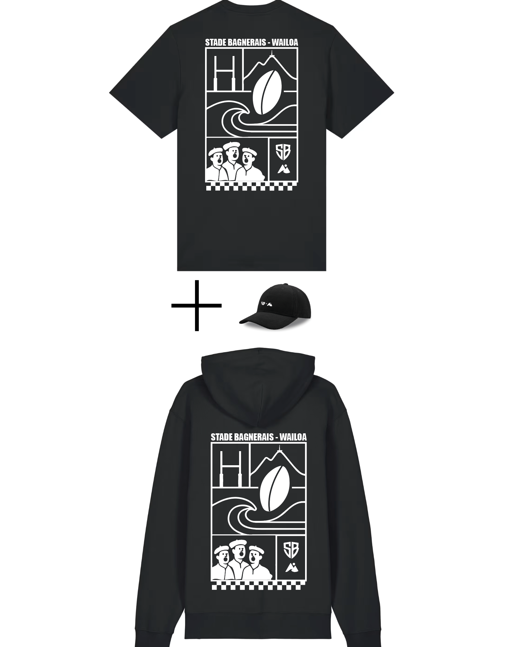 Pack 3pcs. : T-shirt + Sweat + Casquette NOIR Stade B. - Waïloa