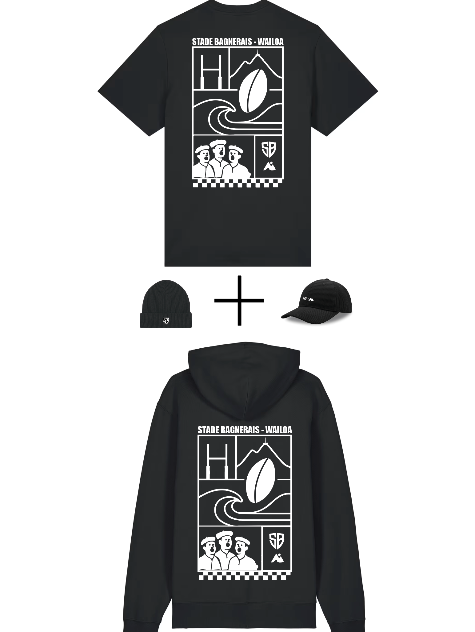Pack 4pcs. : Sweat + T-shirt + Casquette + Bonnet NOIR Stade B. - Waïloa