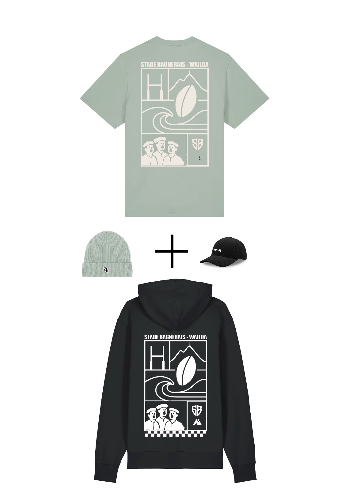 Pack 4pcs. : Sweat + T-shirt + Casquette + Bonnet Vert Stade B. - Waïloa