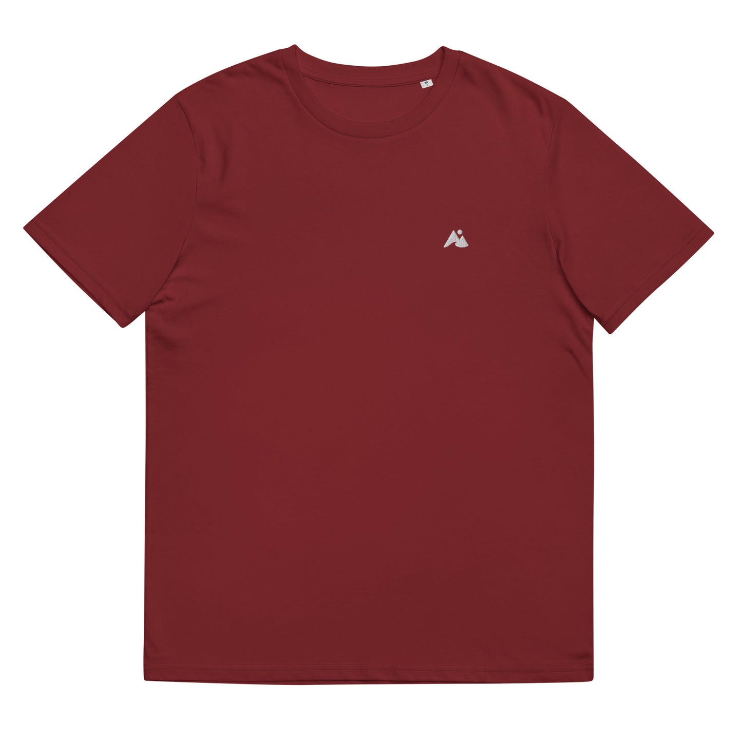 Il s'agit d'une image d'un t-shirt unisexe de couleur bordeaux. Le t-shirt est présenté sur un fond blanc. Il y a un petit logo montagne et vague blanc sur la poitrine côté cœur.