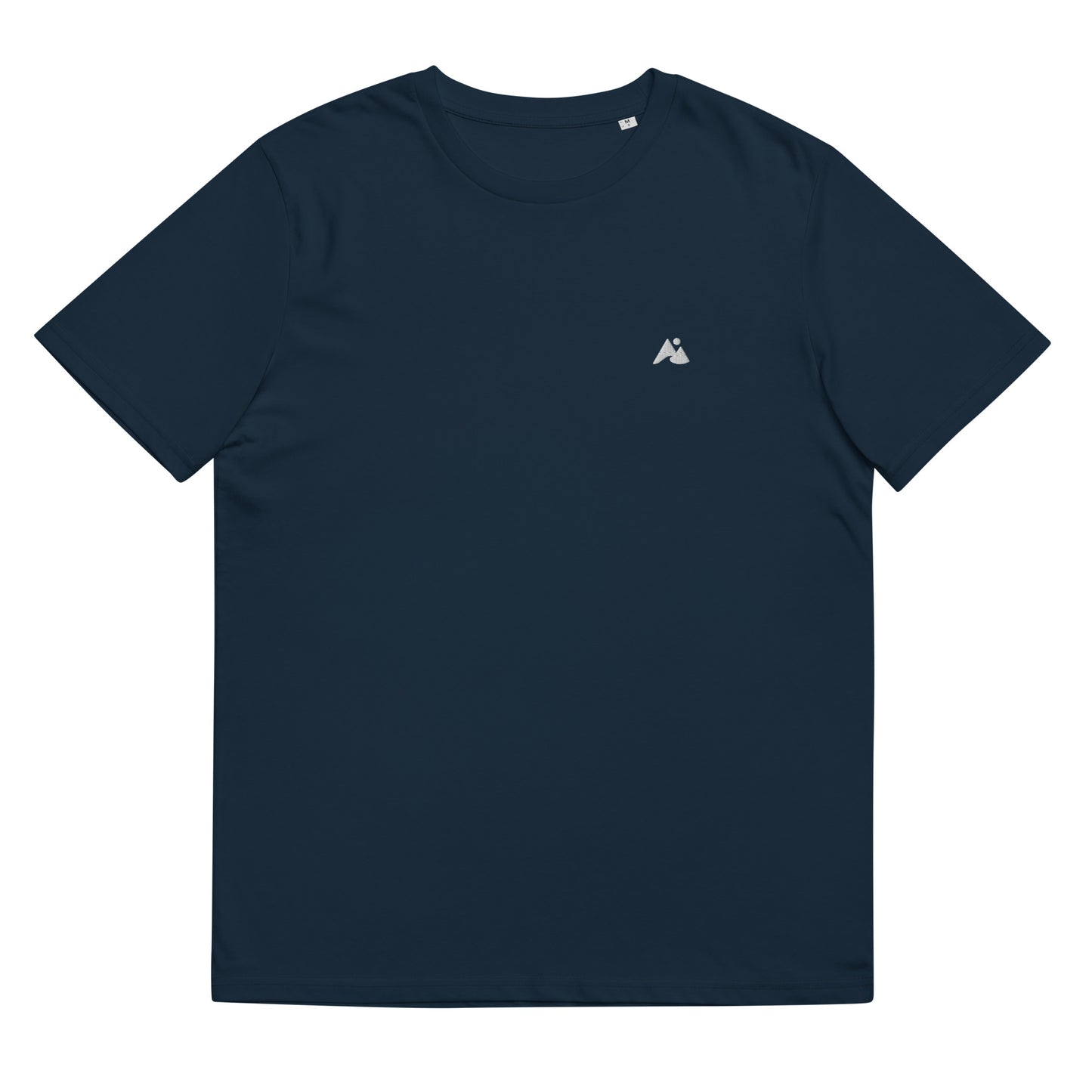 Il s'agit d'une image d'un t-shirt unisexe de couleur bleu marine. Le t-shirt est présenté sur un fond blanc. Il y a un petit logo montagne et vague blanc sur la poitrine côté cœur.