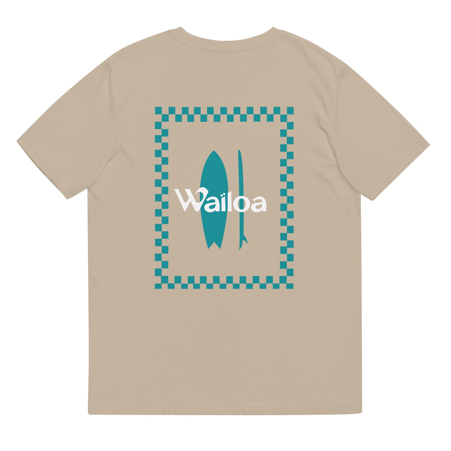 T-shirt unisex coton bio carreaux/surf Waïloa beige/bleu